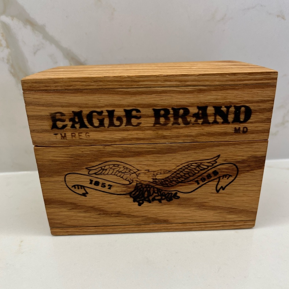 Vintage Eagle Brand 125th Anniversary Oak Hinged Recipe Box Eagle Motif
